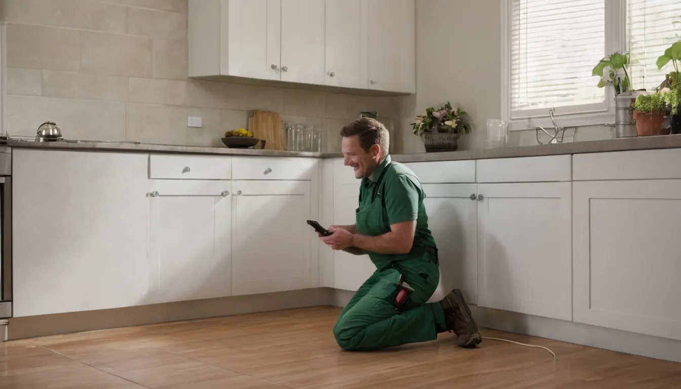 Friendly pest control provider inspecting a kitchen baseboard with a homeowner in a Kirtland home